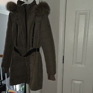 Michael Kors Khaki Puffer Coat with Fur Hood